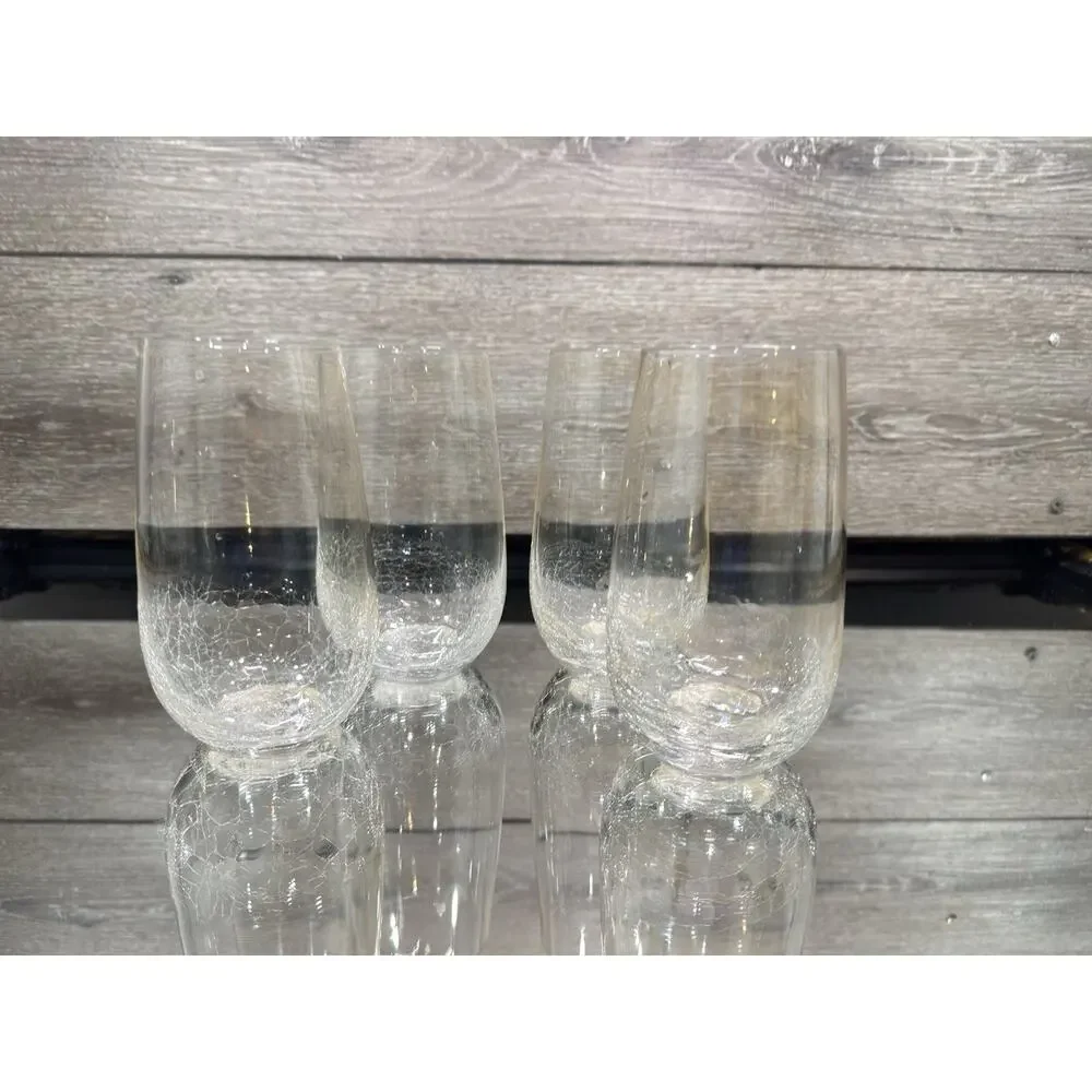 Pier 1 Clear Light Amber Crackle Glass Tumblers High Ball Glasses 6” ~set Of 4